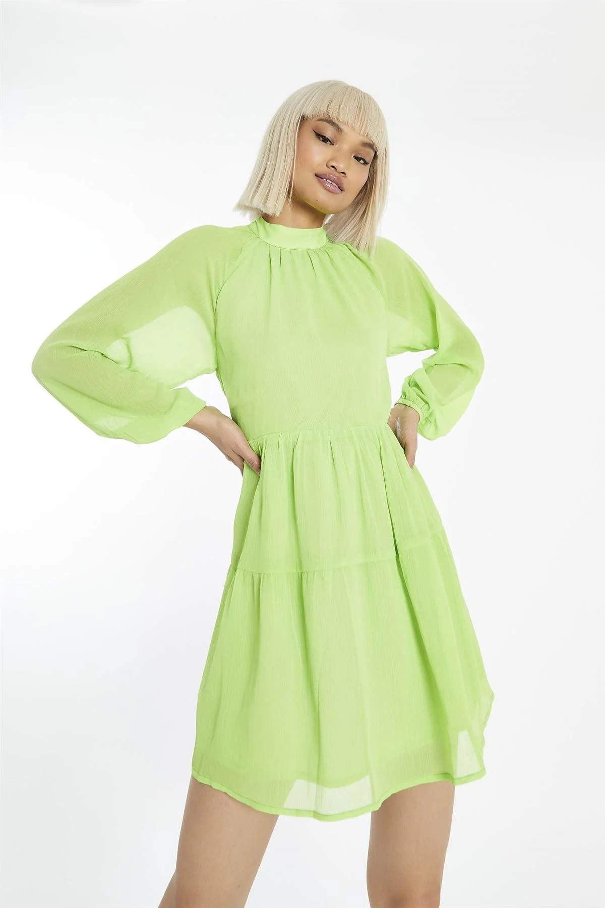 Acid-Lime Long-Sleeve-Open-Back Mini-dress - Image 3