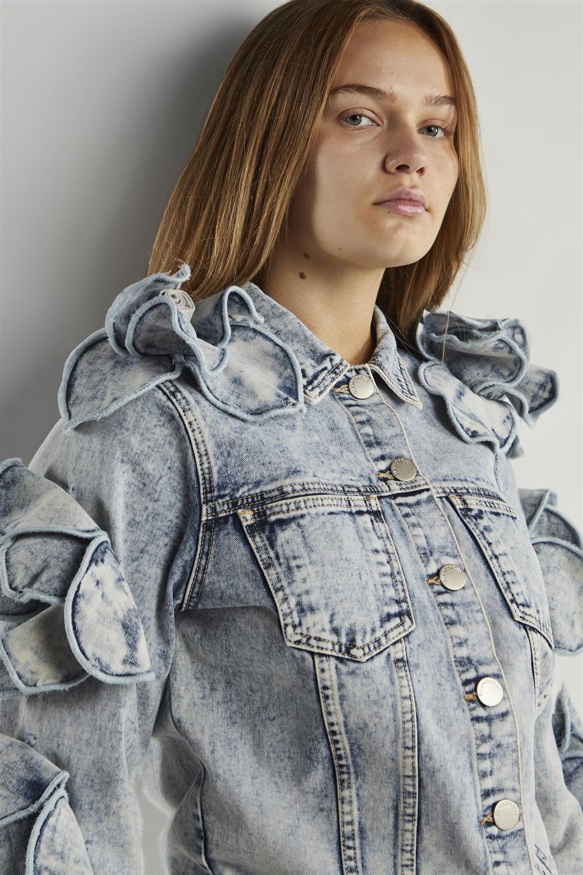 Acid Wash Denim Jacket With Flower Detail - Image 4