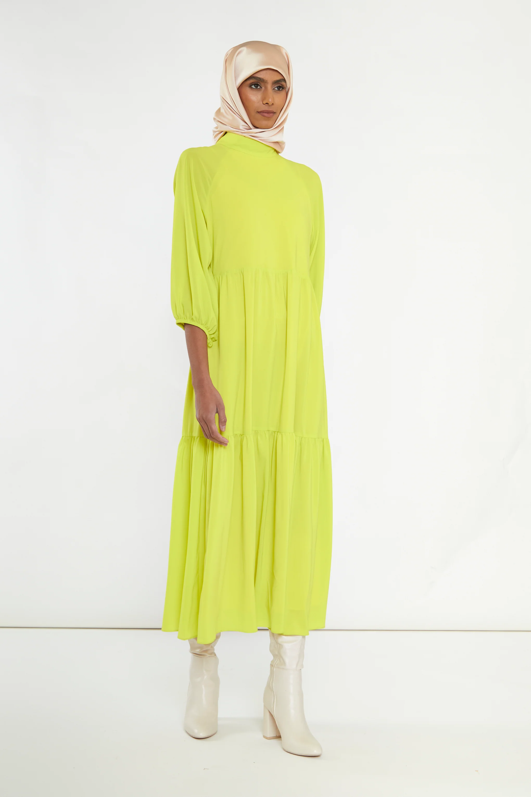 Acid-Yellow Open Back Tiered Midi-Dress - Image 3
