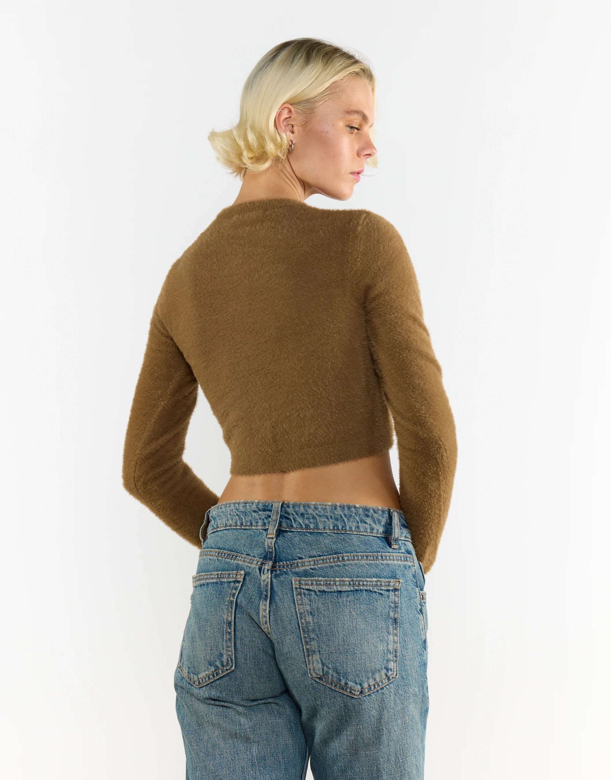 Mocha Long-Sleeve-Button-Front Crop-Top - Image 2