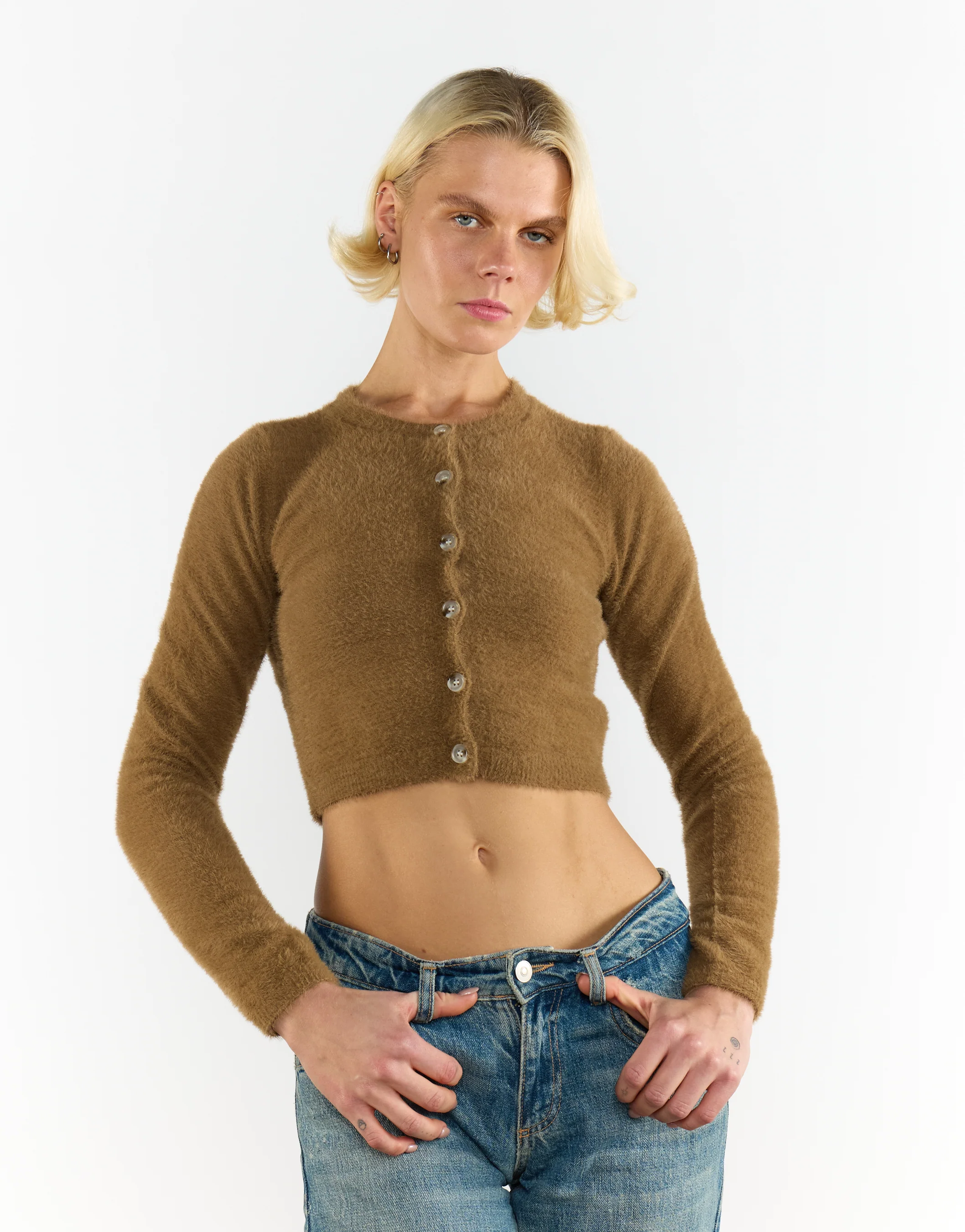 Mocha Long-Sleeve-Button-Front Crop-Top - Image 3
