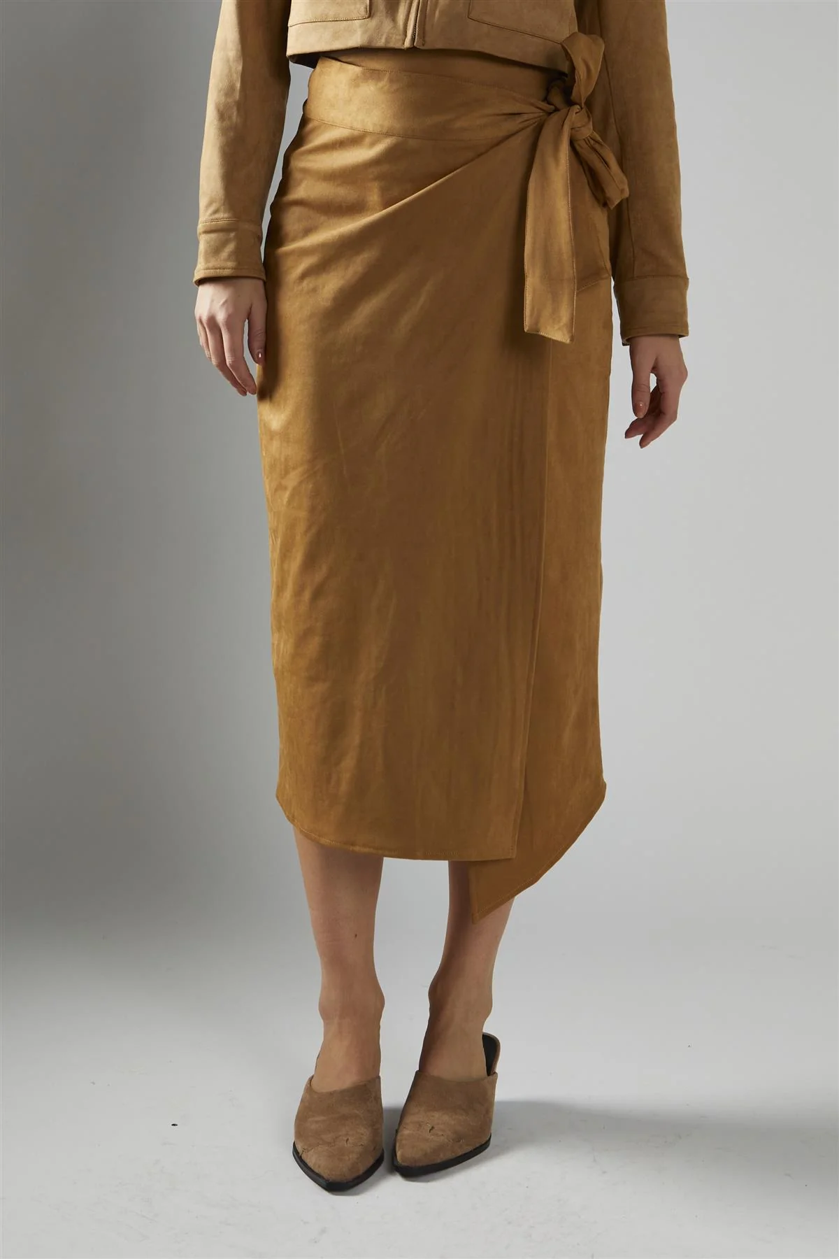 Angled Hem Midi Wrap Skirt - Camel - Image 4
