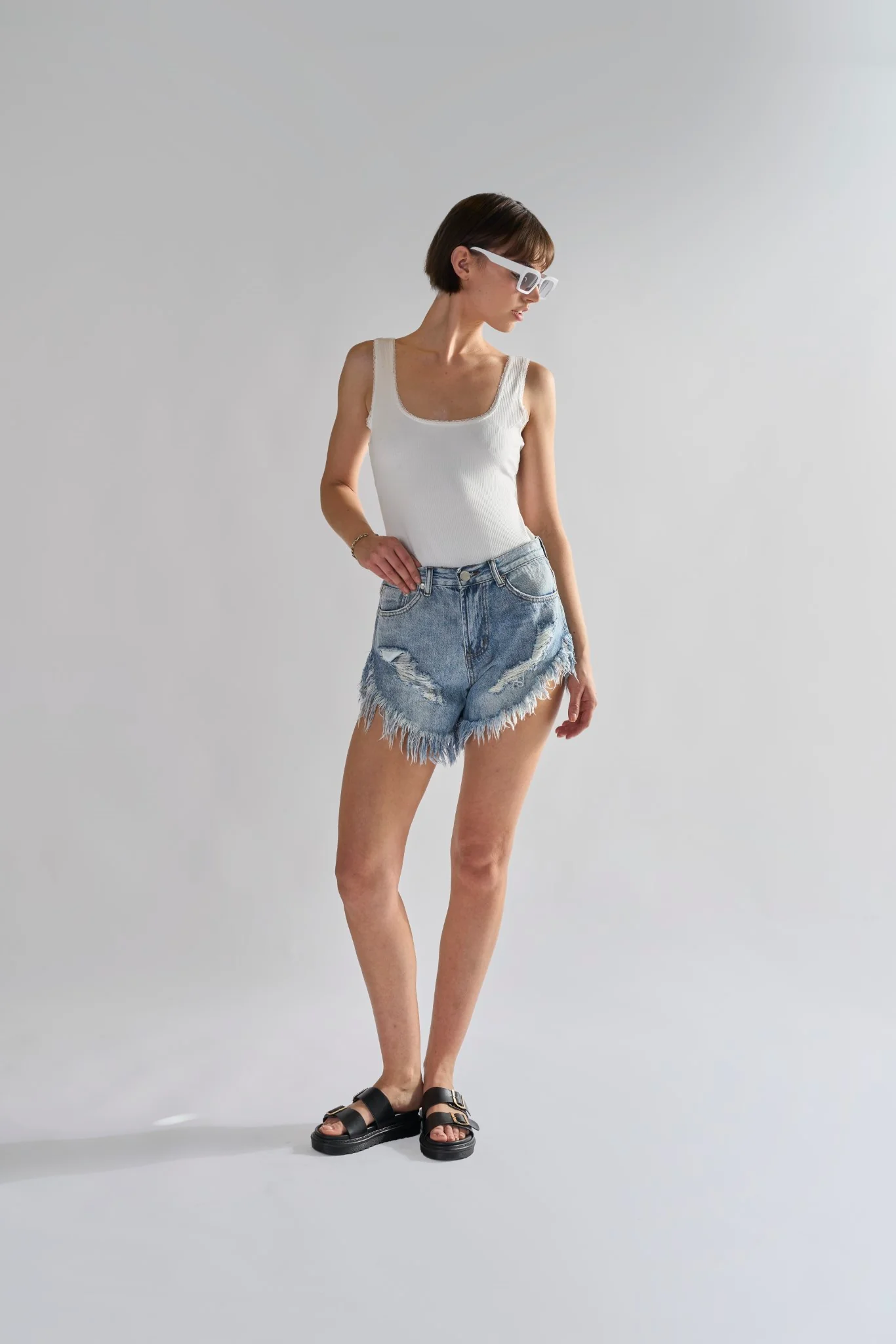 Antique-Wash High-Waisted Distressed Denim-Shorts