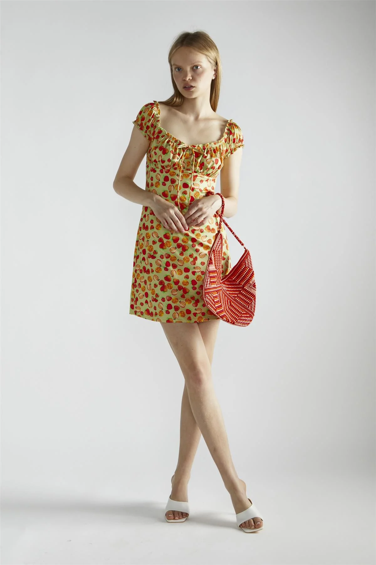 Apple-Green-Fruit Short-Sleeve-A-Line Mini-Dress