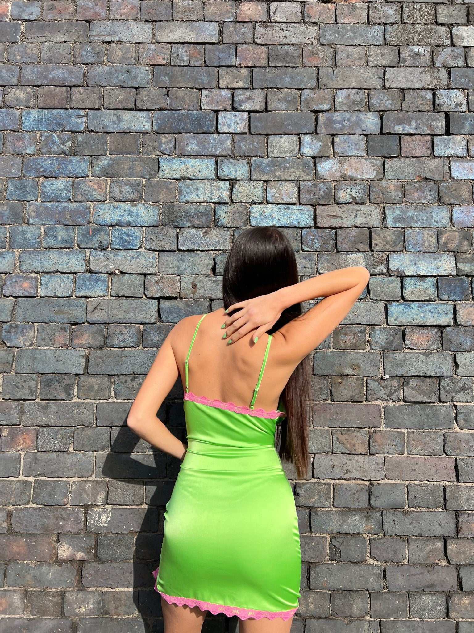 Apple-Green Pink Lace Trim Mini-dress - Image 2