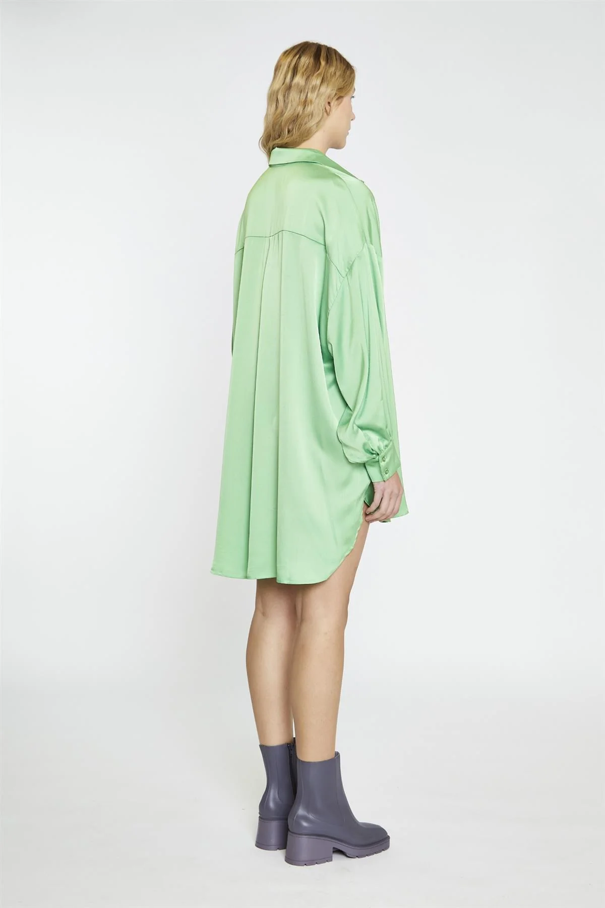 Apple-Green-Sateen Shirt Oversized Mini-Dress - Image 2