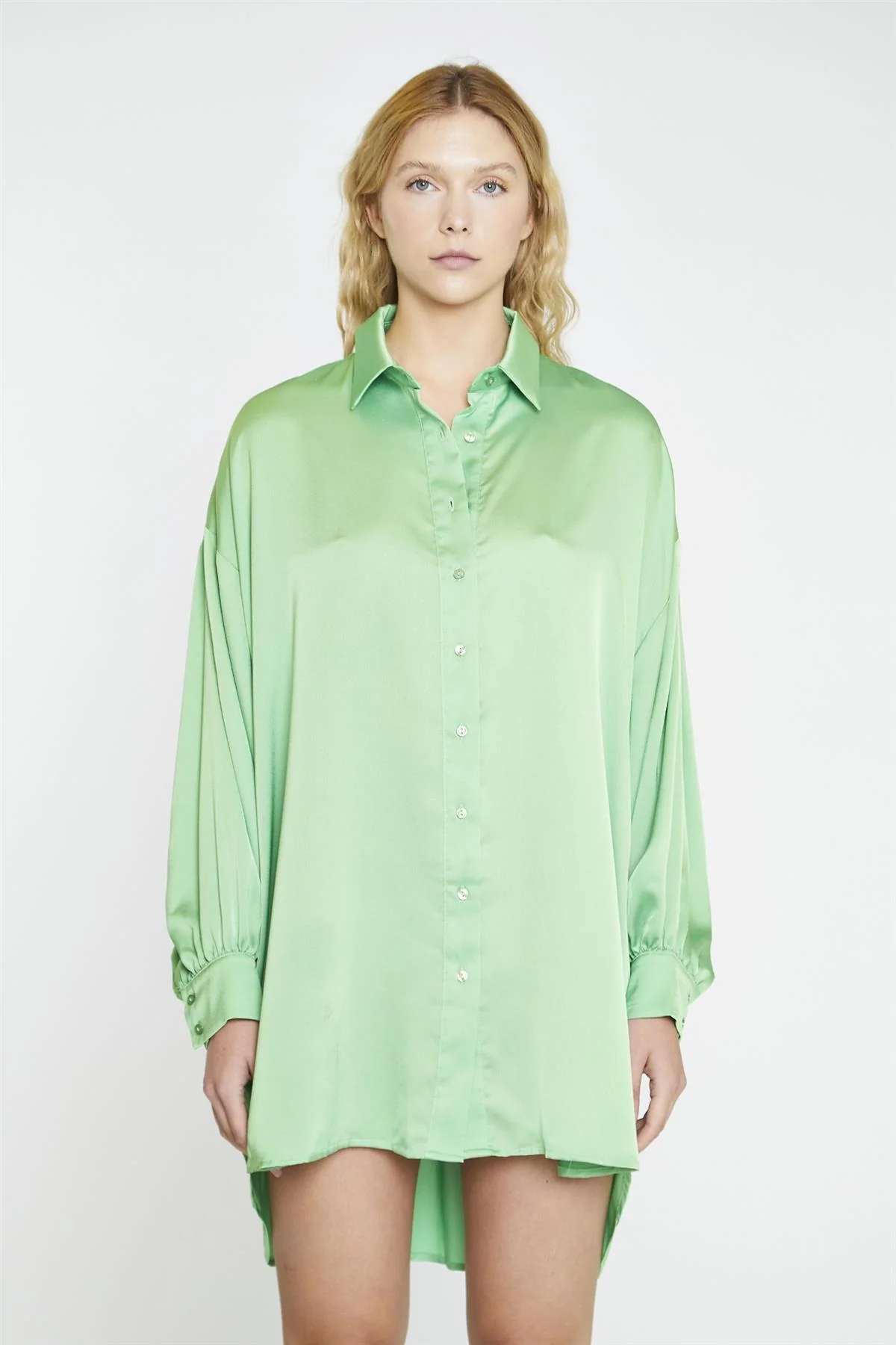 Apple-Green-Sateen Shirt Oversized Mini-Dress - Image 3