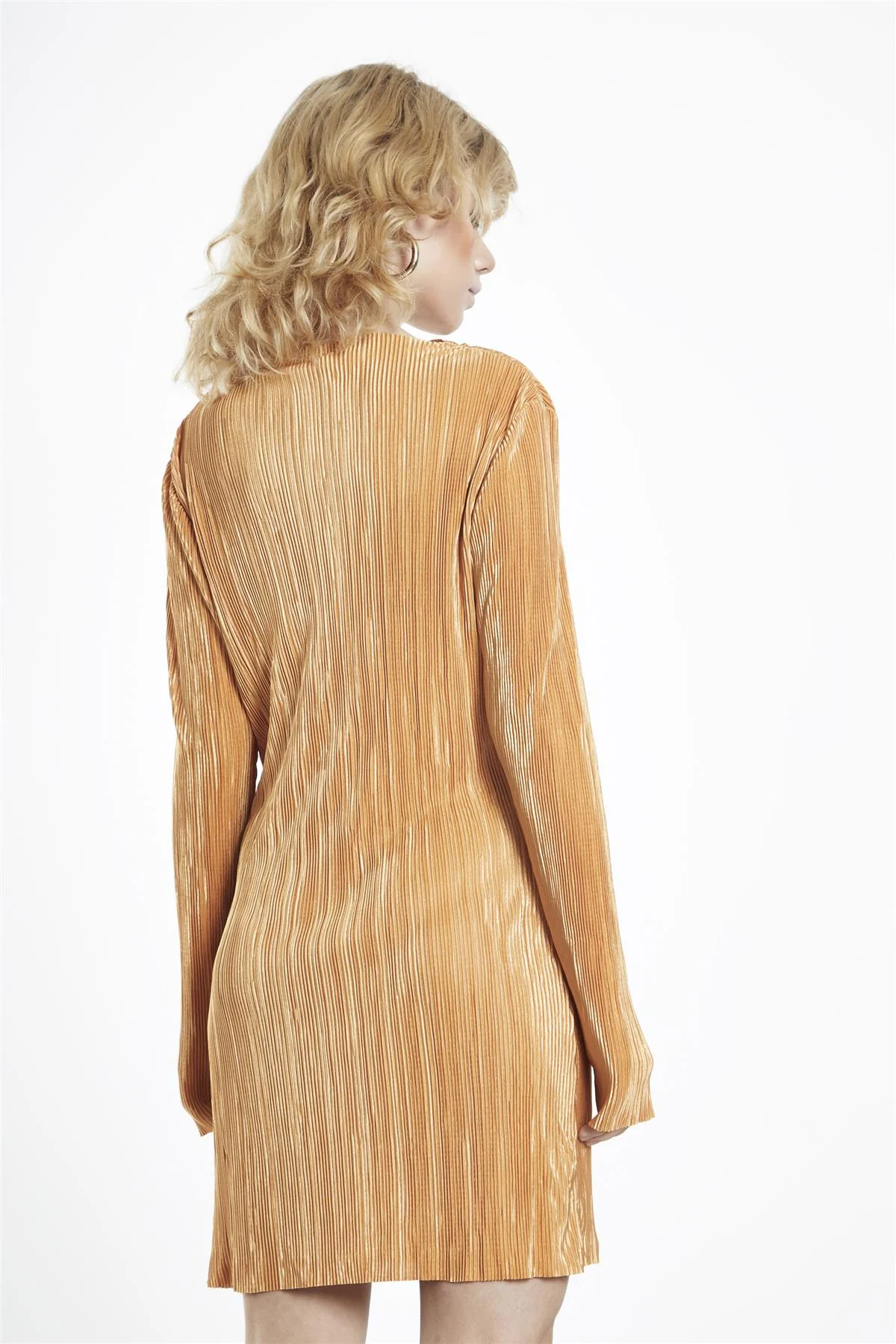 Apricot Tan Plisse Long Sleeve Shift Dress - Image 3
