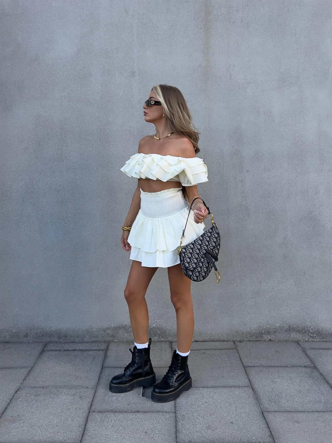 Arabella Co-ord Bardot Ruffle Crop Top - Cream - Image 3