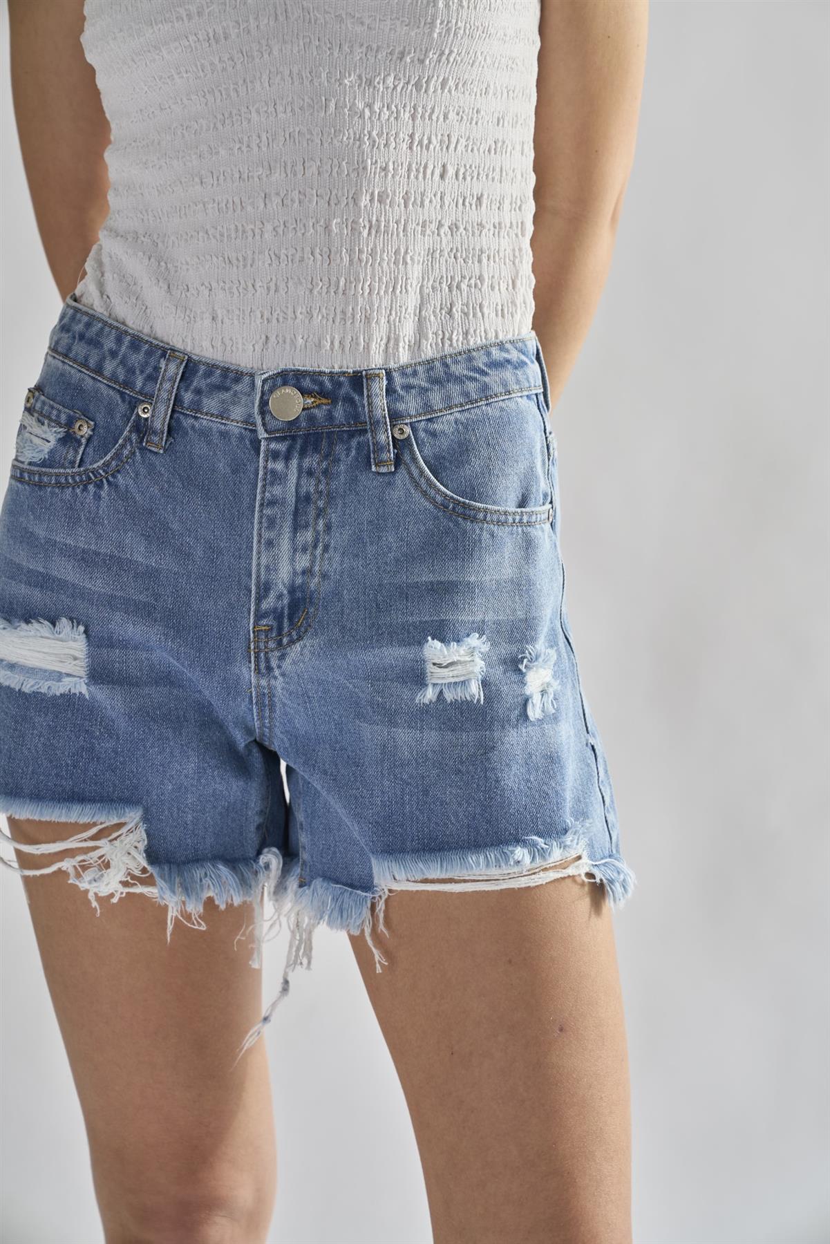 Authentic Mid Blue Ripped Denim Shorts - Image 4