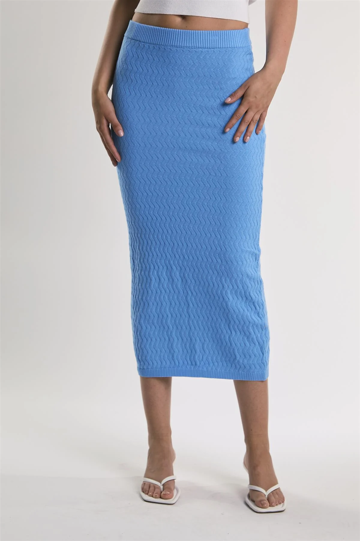 Azure-Blue Textured-Knit Midi-Skirt - Image 3