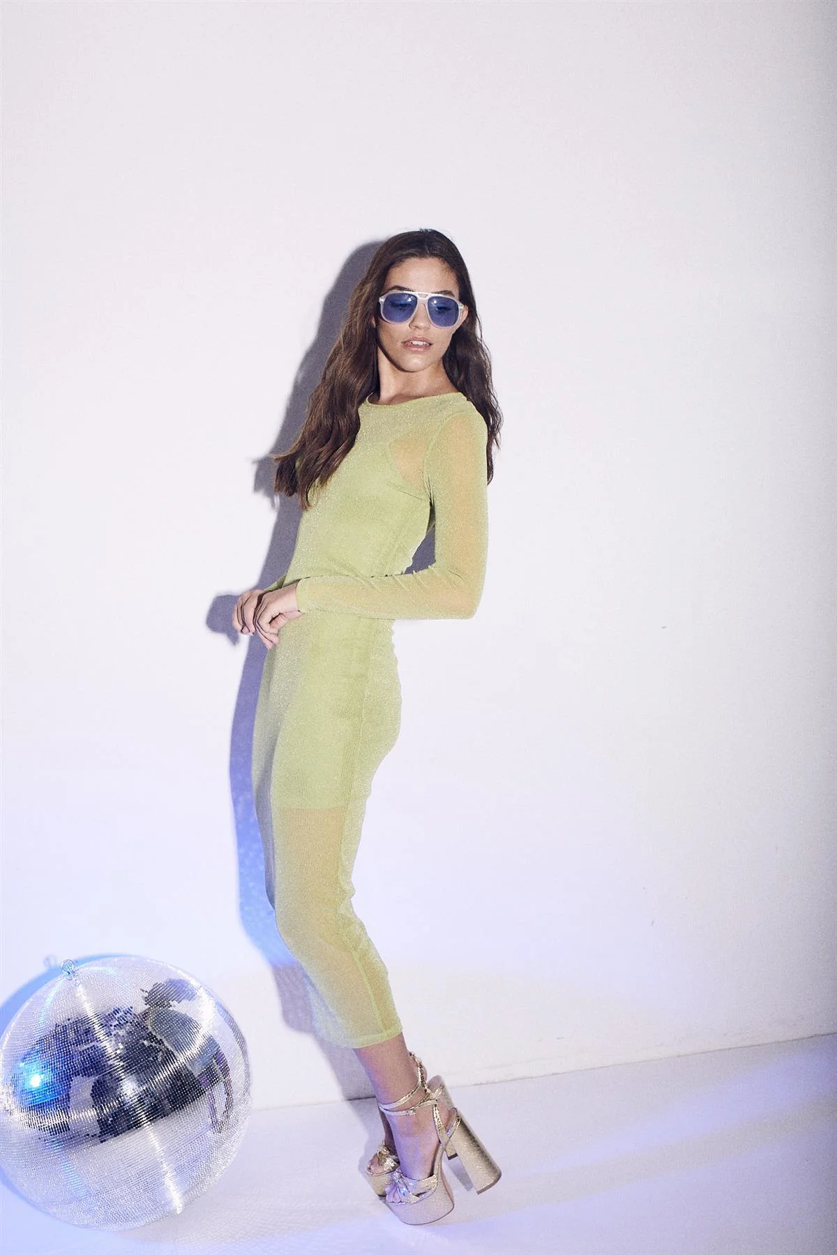 Bailee Long-Sleeve Bodycon Midaxi-Dress - Green Glitter Mesh - Image 3