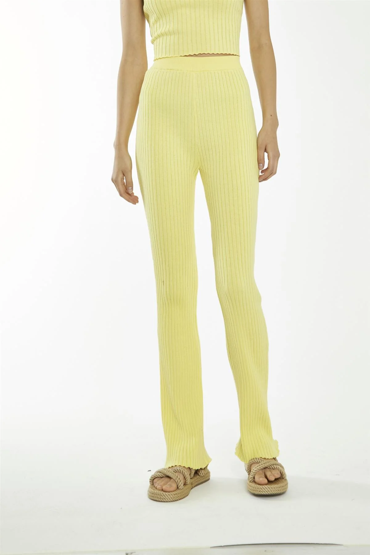 Banana Yellow Ribbed Flare High-Waisted-Trousers - Image 3
