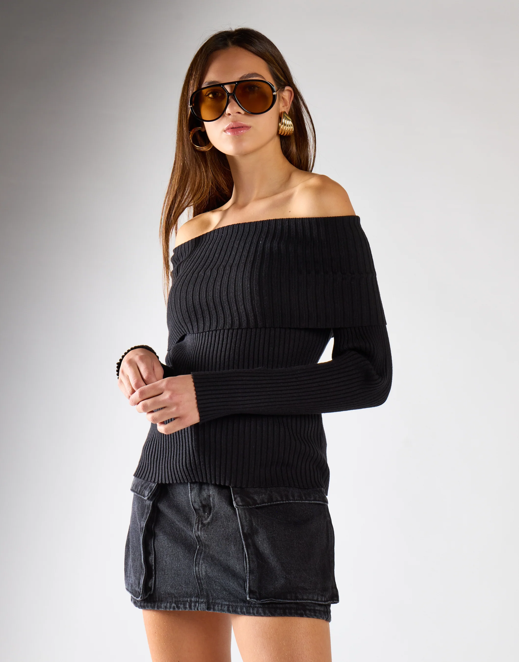 Bardot Off Shoulder Jumper in Black - Image 3