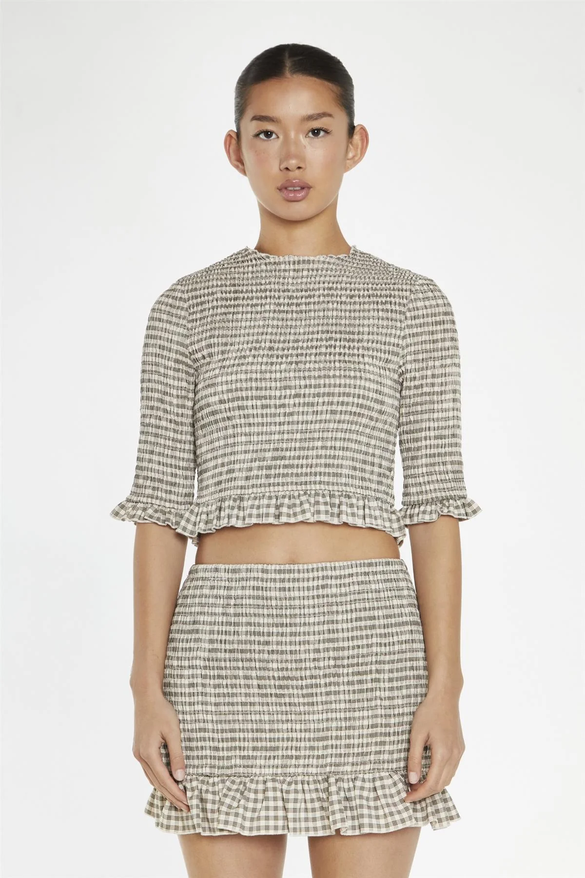 Beige-Black Check Shirred Crop-Top - Image 3