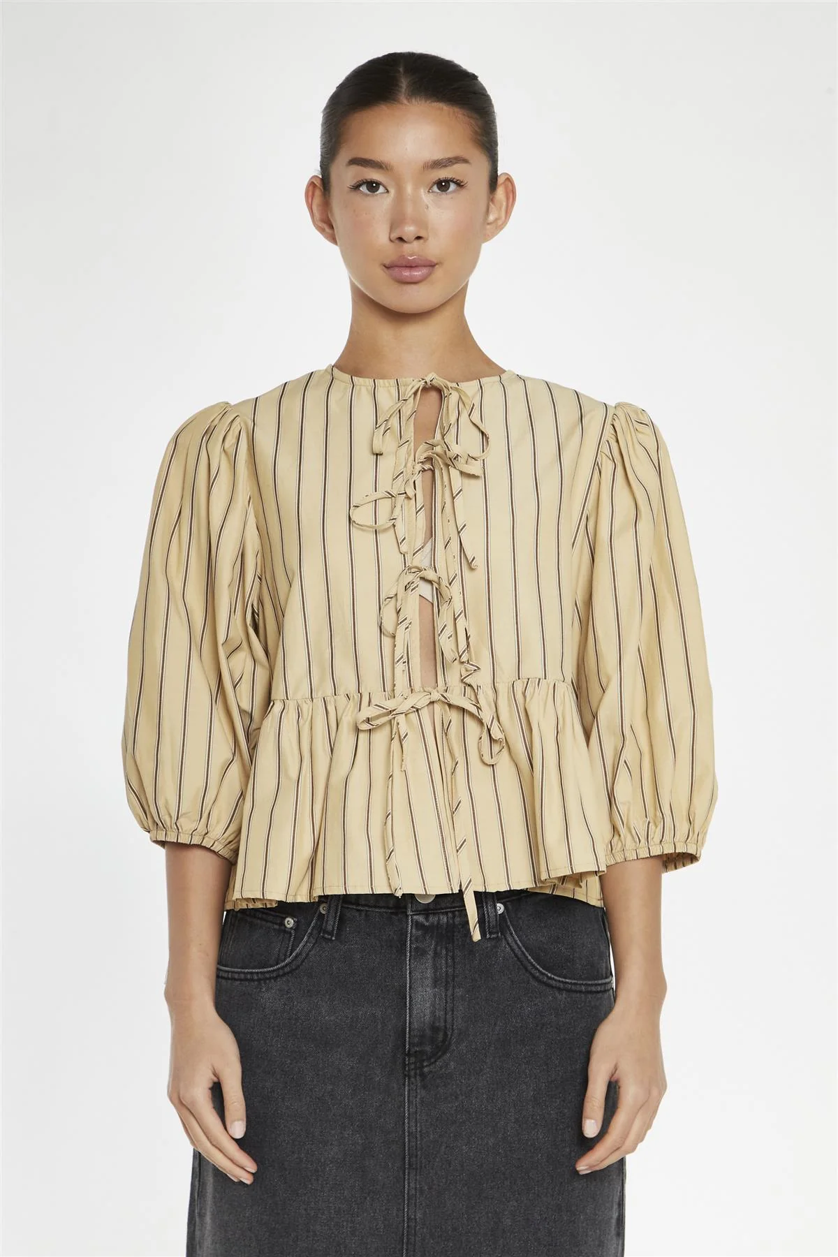 Beige-Brown Stipe Tie-Front Top - Image 3