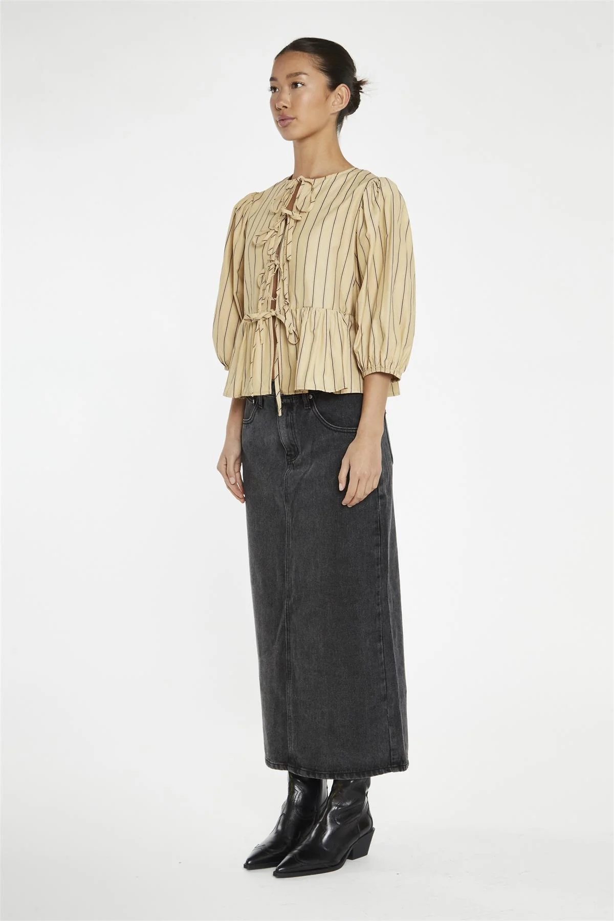 Beige-Brown Stipe Tie-Front Top - Image 4