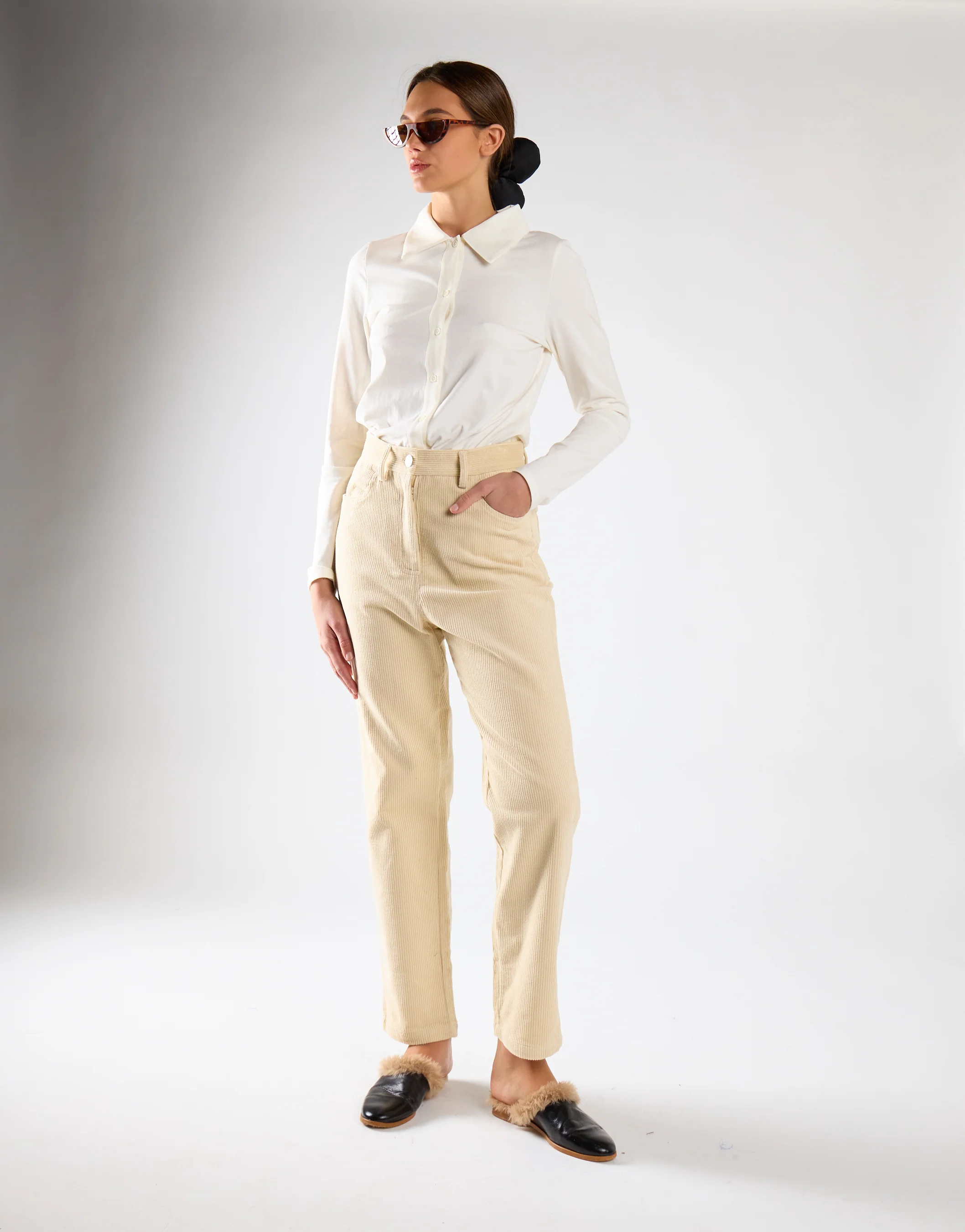 Beige Corduroy Straight Leg Trousers