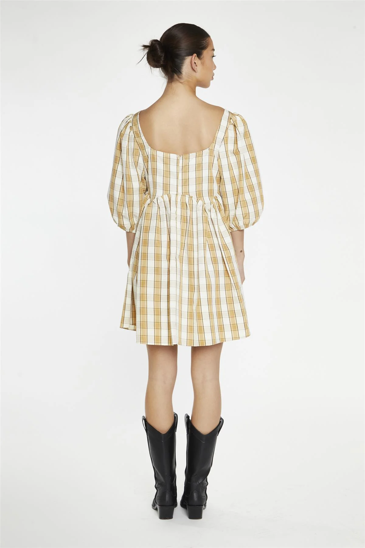 Beige-Cream Check Square-Neck Smock Mini-Dress - Image 2