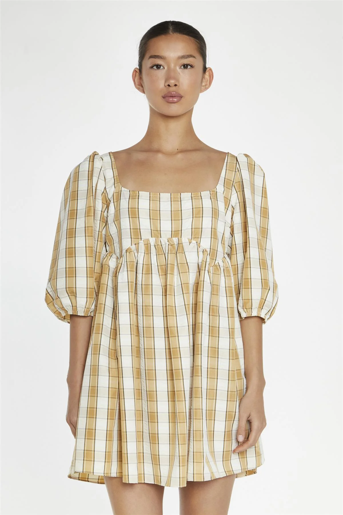 Beige-Cream Check Square-Neck Smock Mini-Dress - Image 3