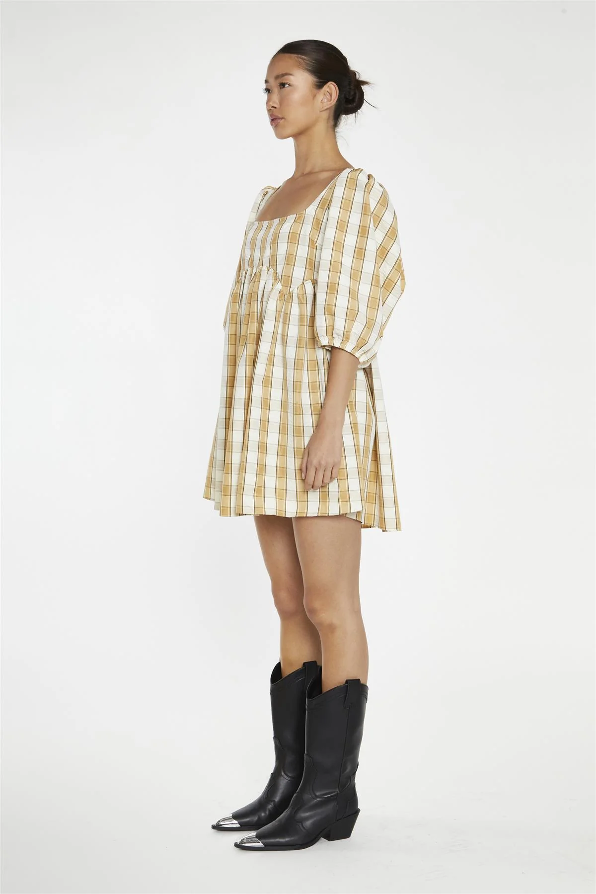 Beige-Cream Check Square-Neck Smock Mini-Dress - Image 4