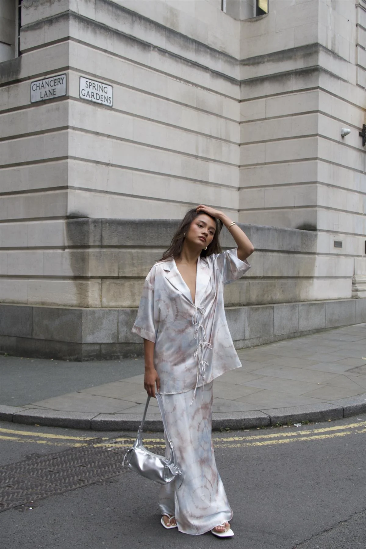 Beige-Grey-Watercolour Bias-Cut-Maxi-Skirt - Image 4