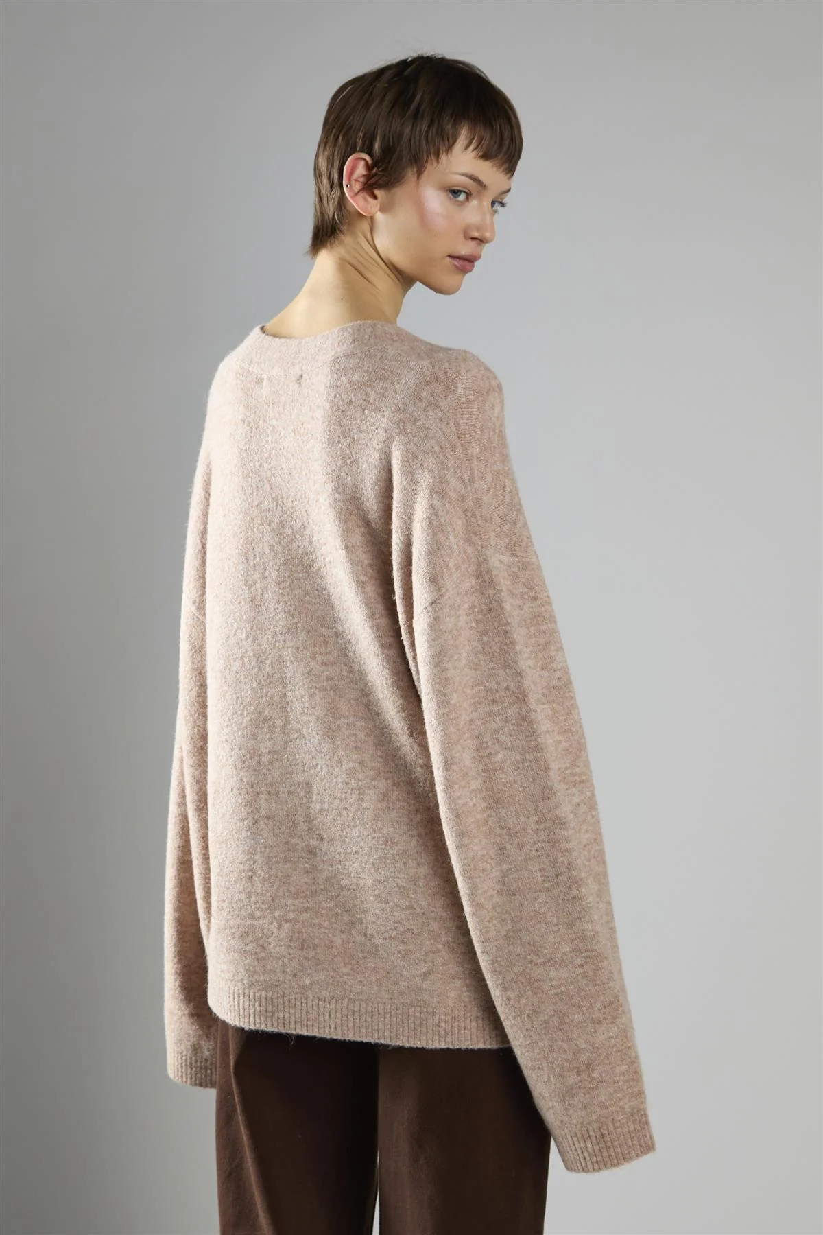 Beige Marl Button-Front V-Neck Cardigan - Image 2