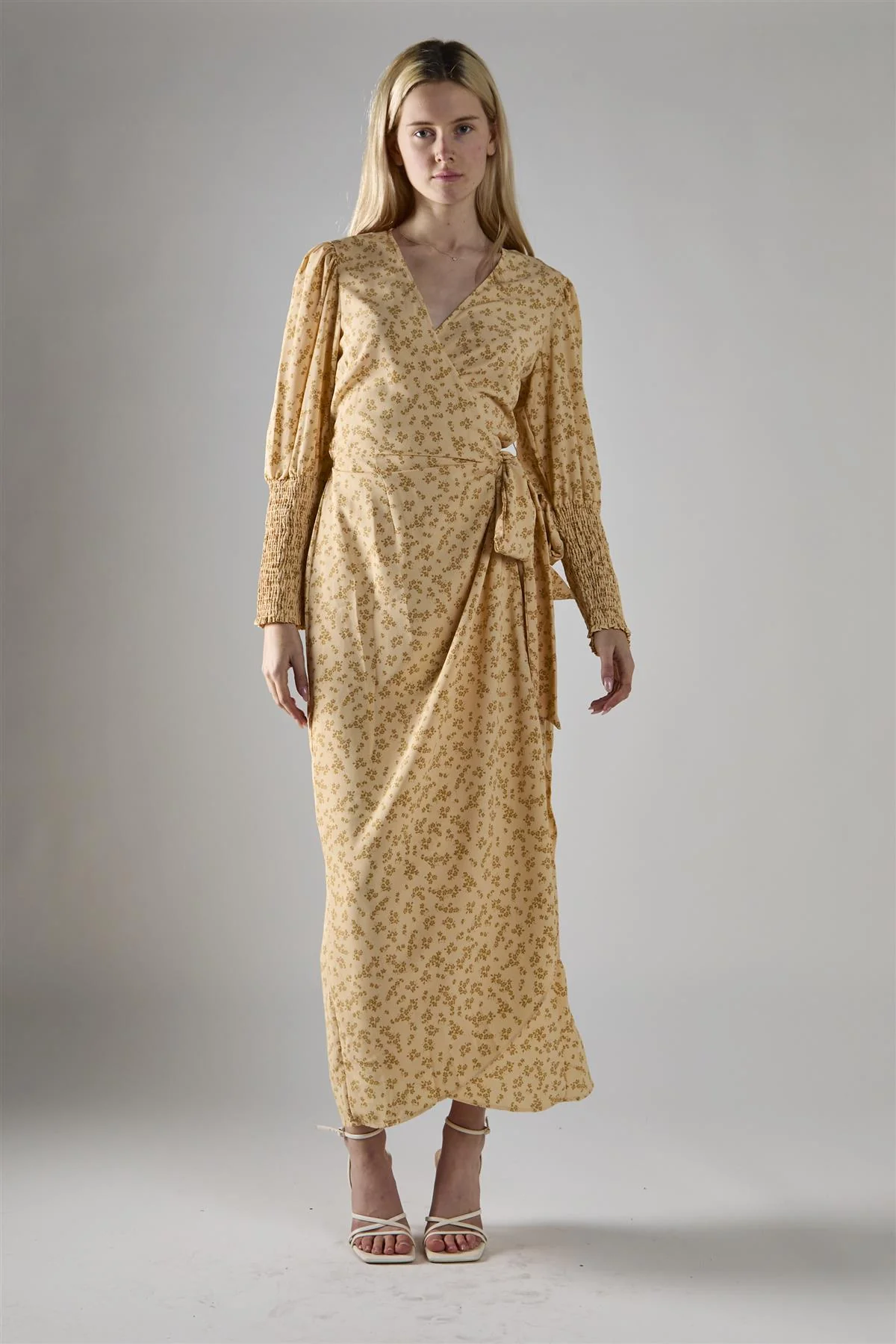 Beige-Mustard-Ditsy Wrap Midi-Dress - Image 4