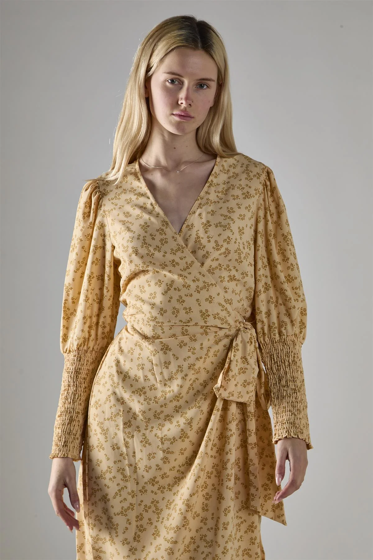 Beige-Mustard-Ditsy Wrap Midi-Dress - Image 5