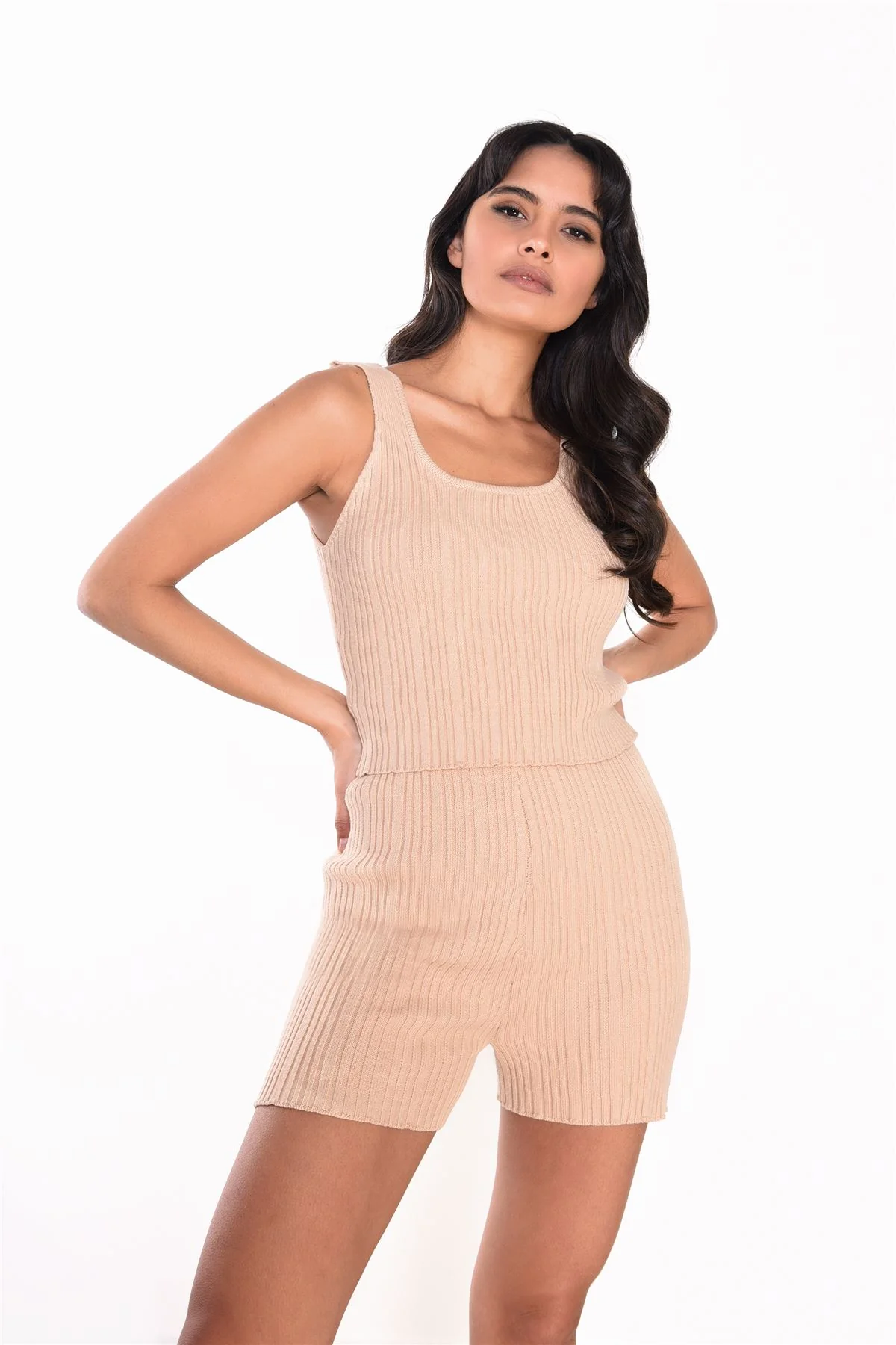 Beige Ribbed Shorts