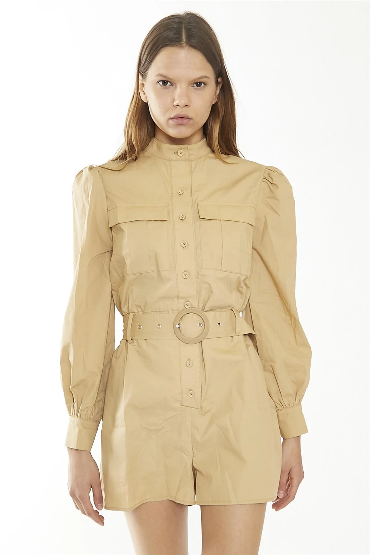 Beige-Sand Belted Long Puff Sleeve-Playsuit - Image 4