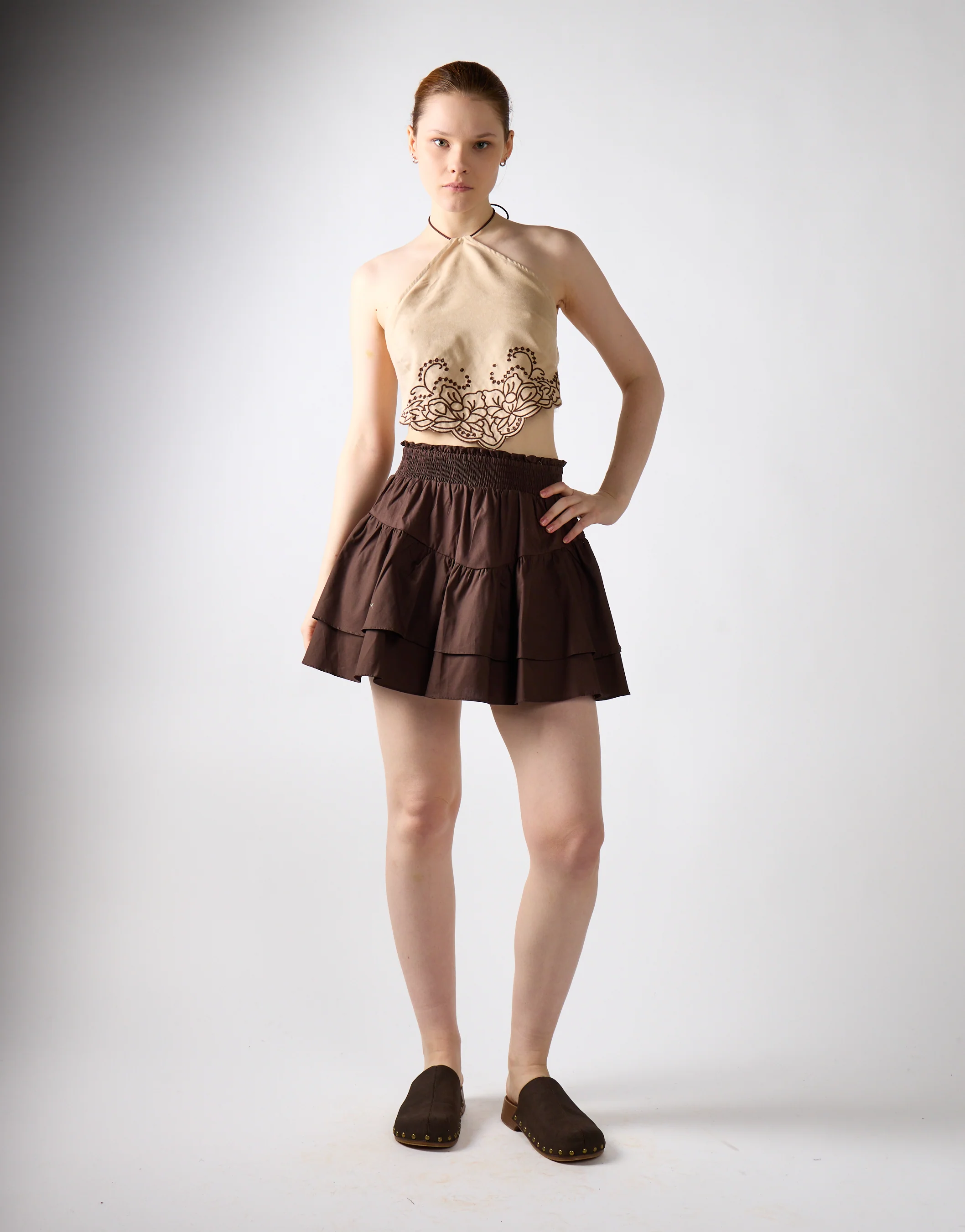 Beige Suedette-Brown Halter-Neck Crop-Top