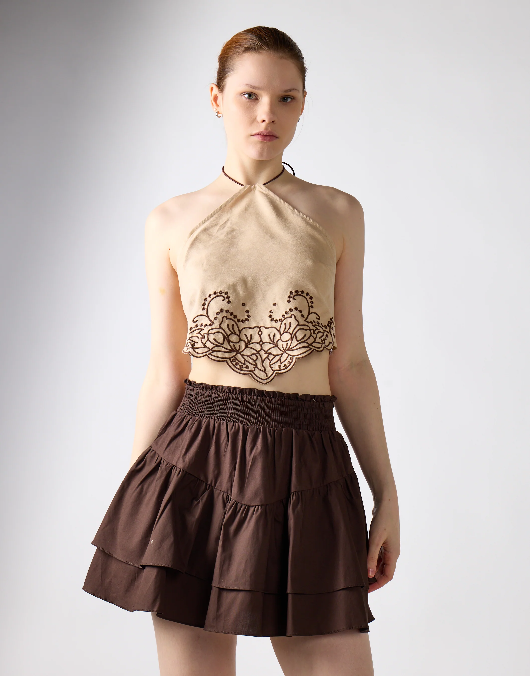 Beige Suedette-Brown Halter-Neck Crop-Top - Image 4