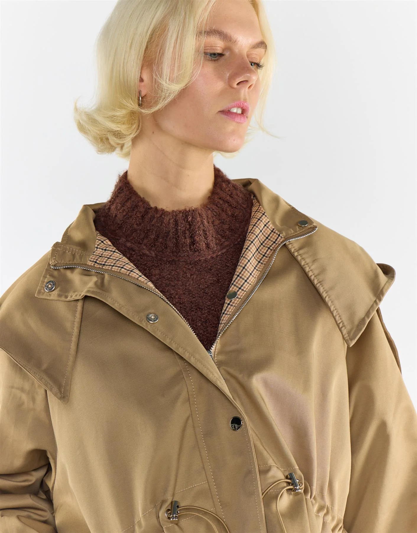 Beige Trench Jacket With Hood and Check Lining - Image 3