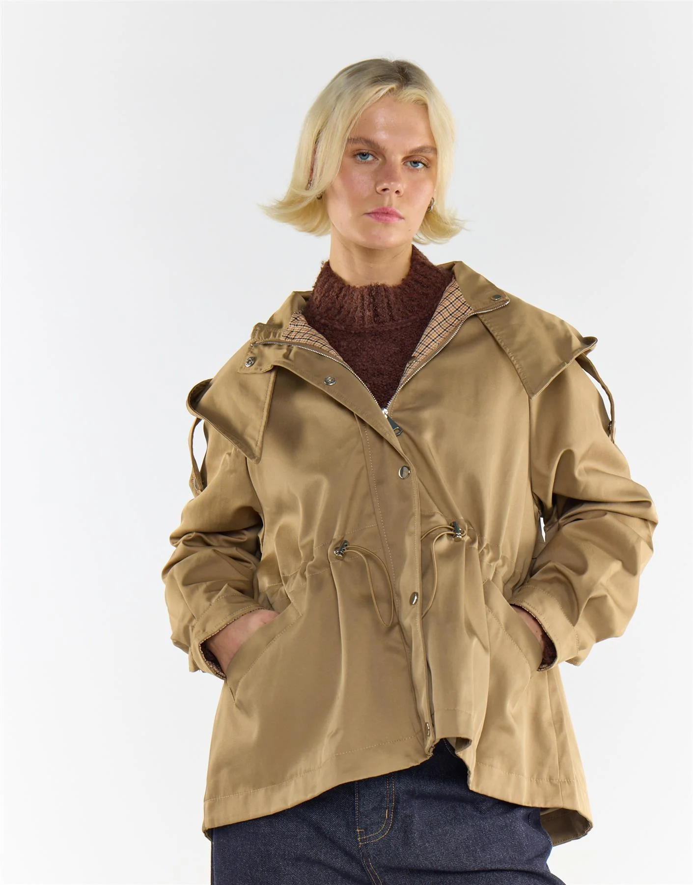Beige Trench Jacket With Hood and Check Lining - Image 4