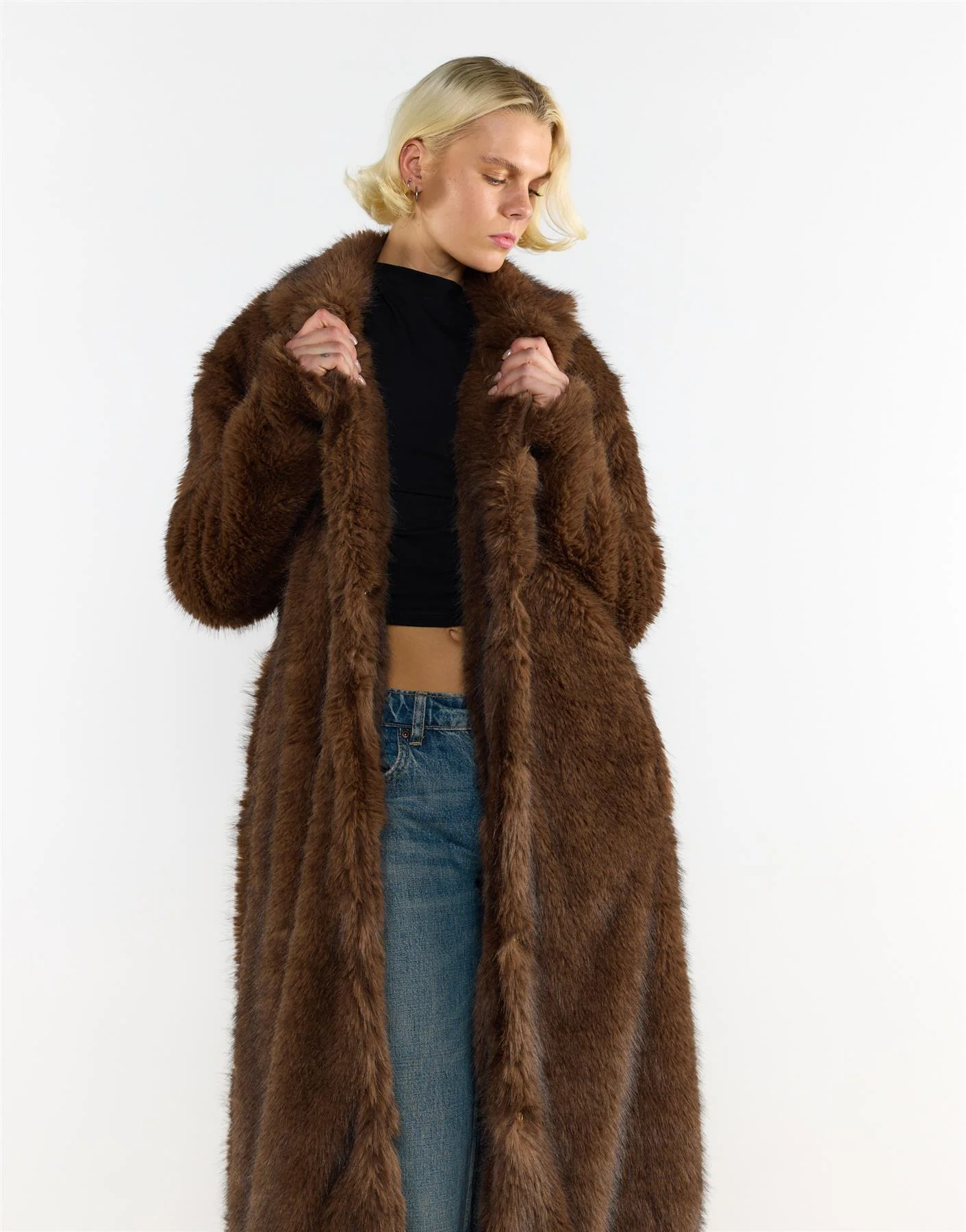 Belted Faux Fur Longline Coat in Brown - Image 2