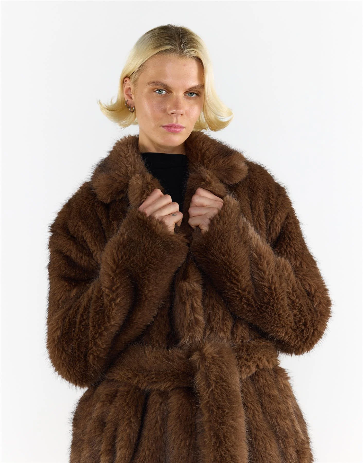 Belted Faux Fur Longline Coat in Brown - Image 3