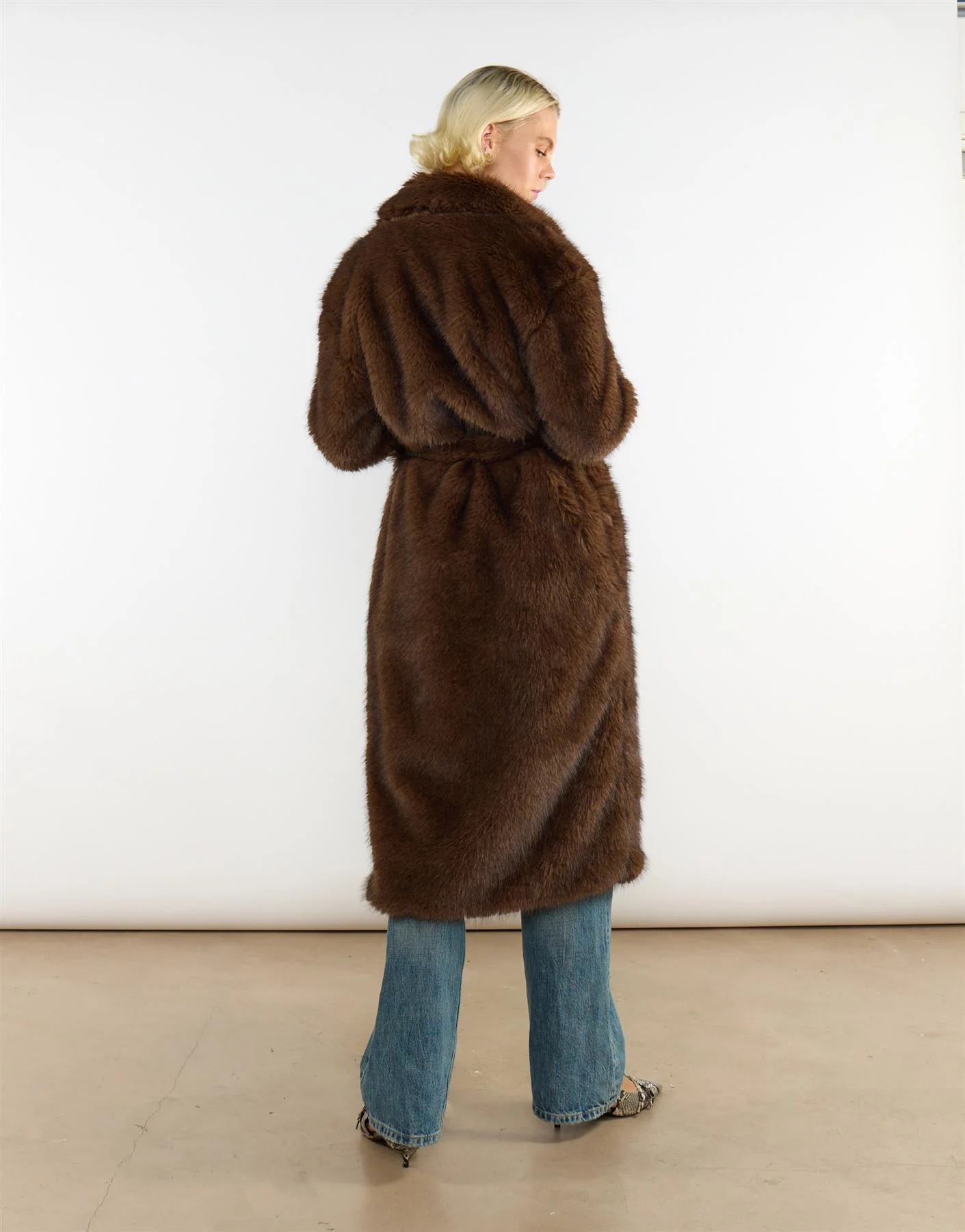 Belted Faux Fur Longline Coat in Brown - Image 4
