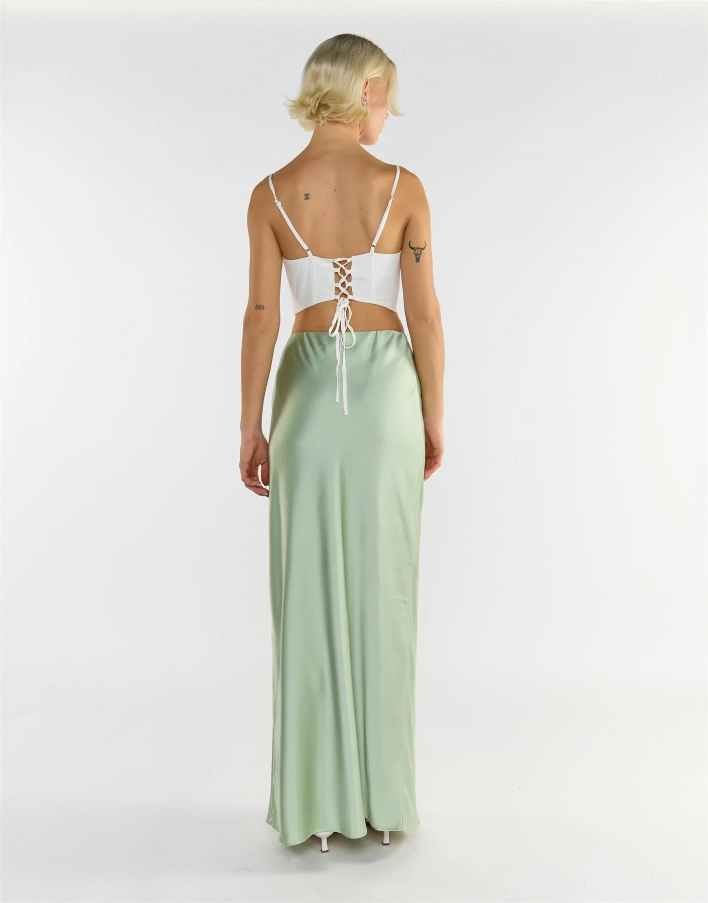 Bias Cut Maxi Skirt - Sage Green Sateen - Image 2