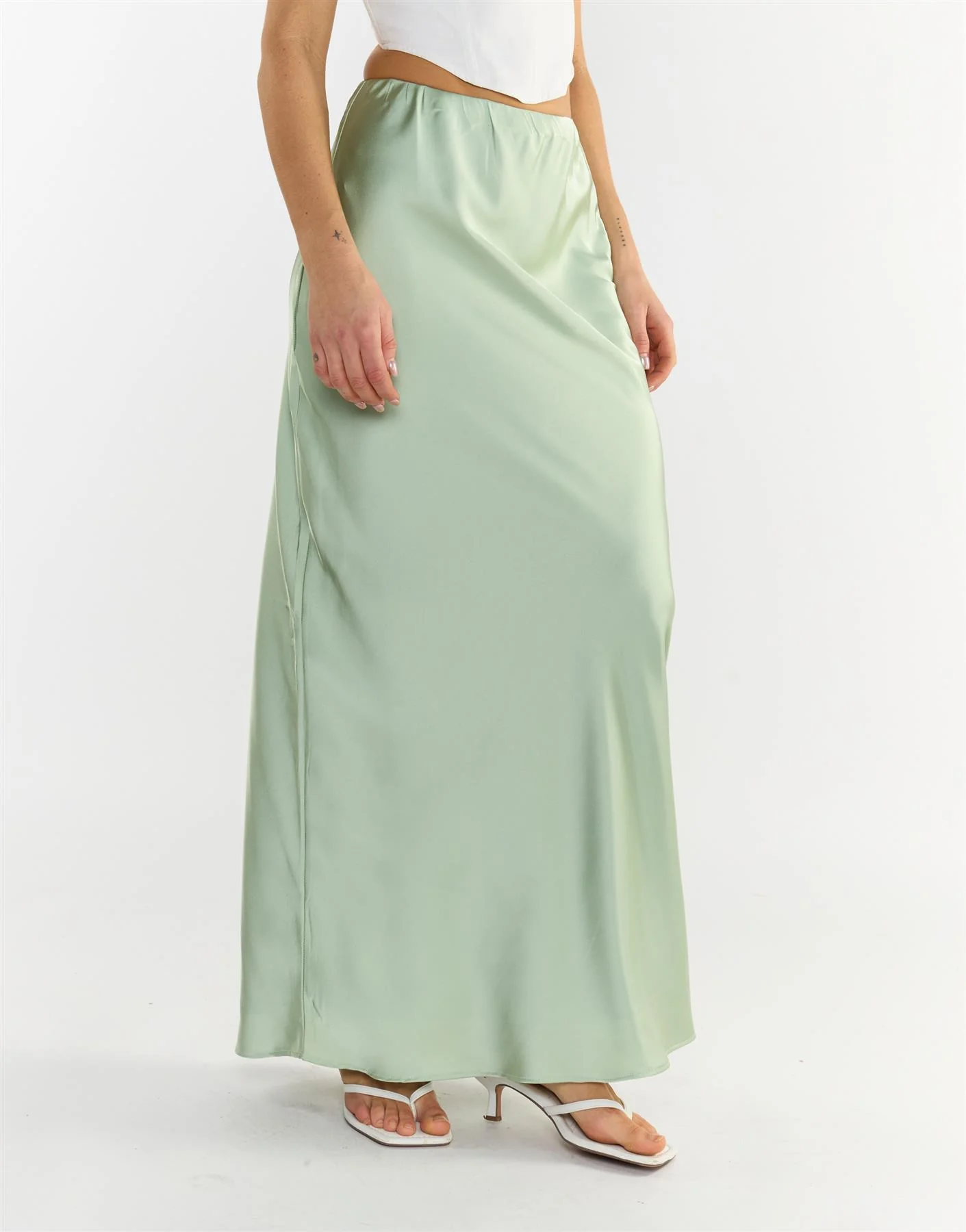 Bias Cut Maxi Skirt - Sage Green Sateen - Image 4