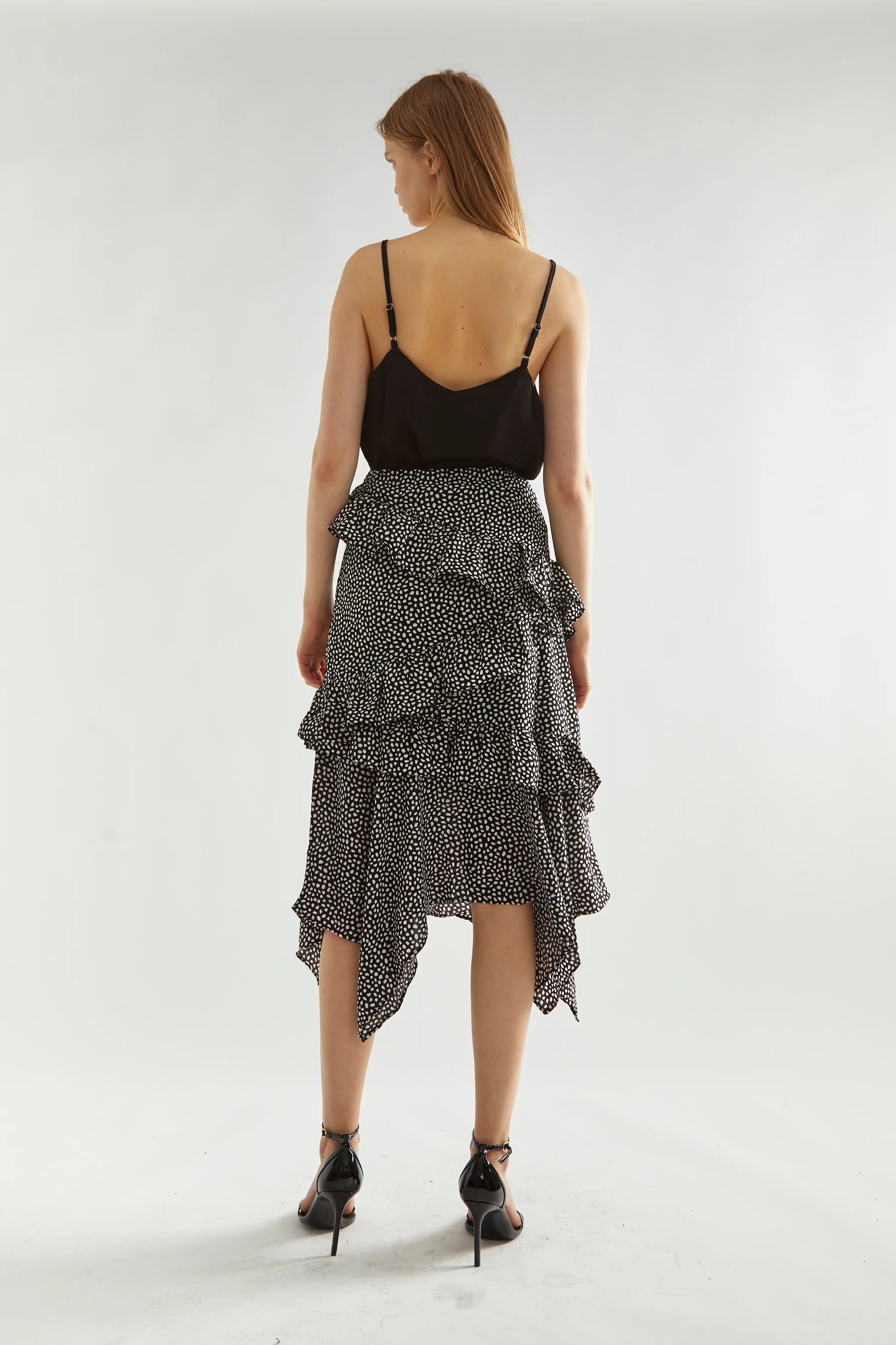 Black-Animal Spot Asymmetric Ruffle Midi-Skirt - Image 2