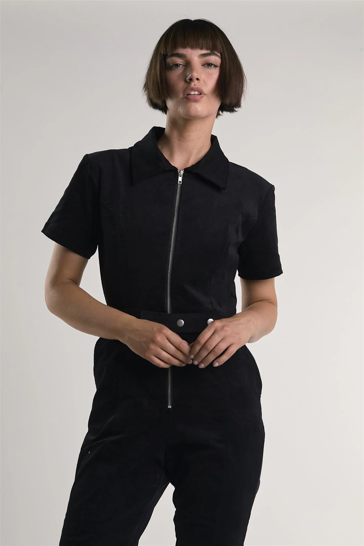 Black-Baby-Cord Belted Long-Jumpsuit - Image 4