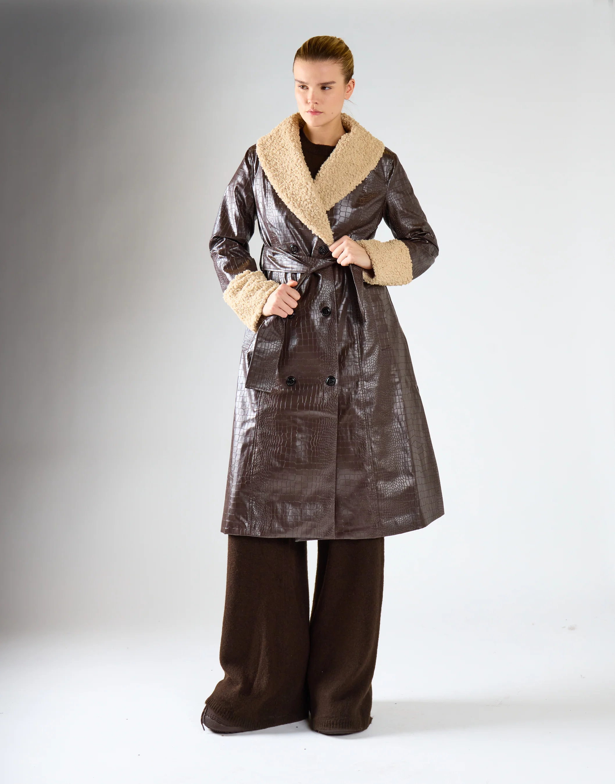 Black Belted Coat with Faux Fur - Image 3