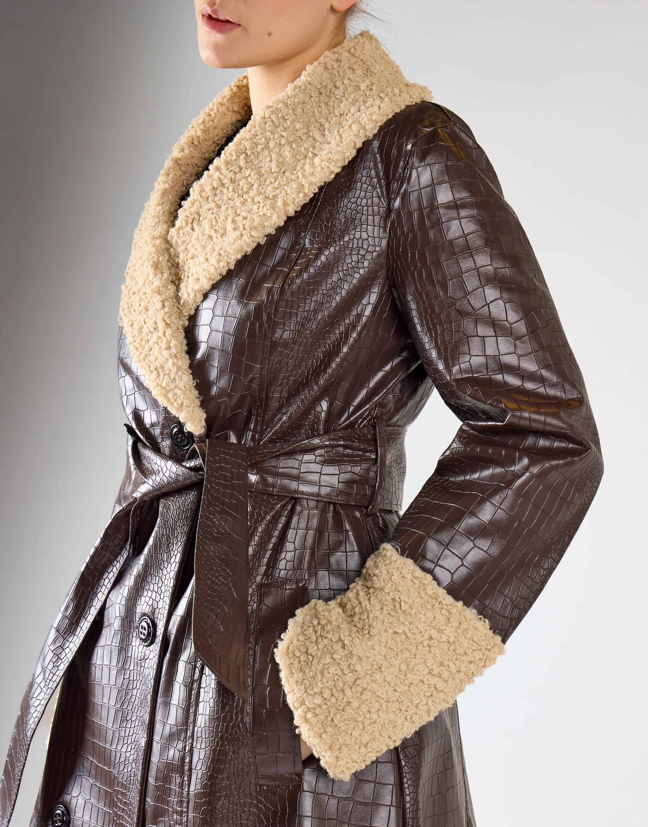 Black Belted Coat with Faux Fur - Image 4