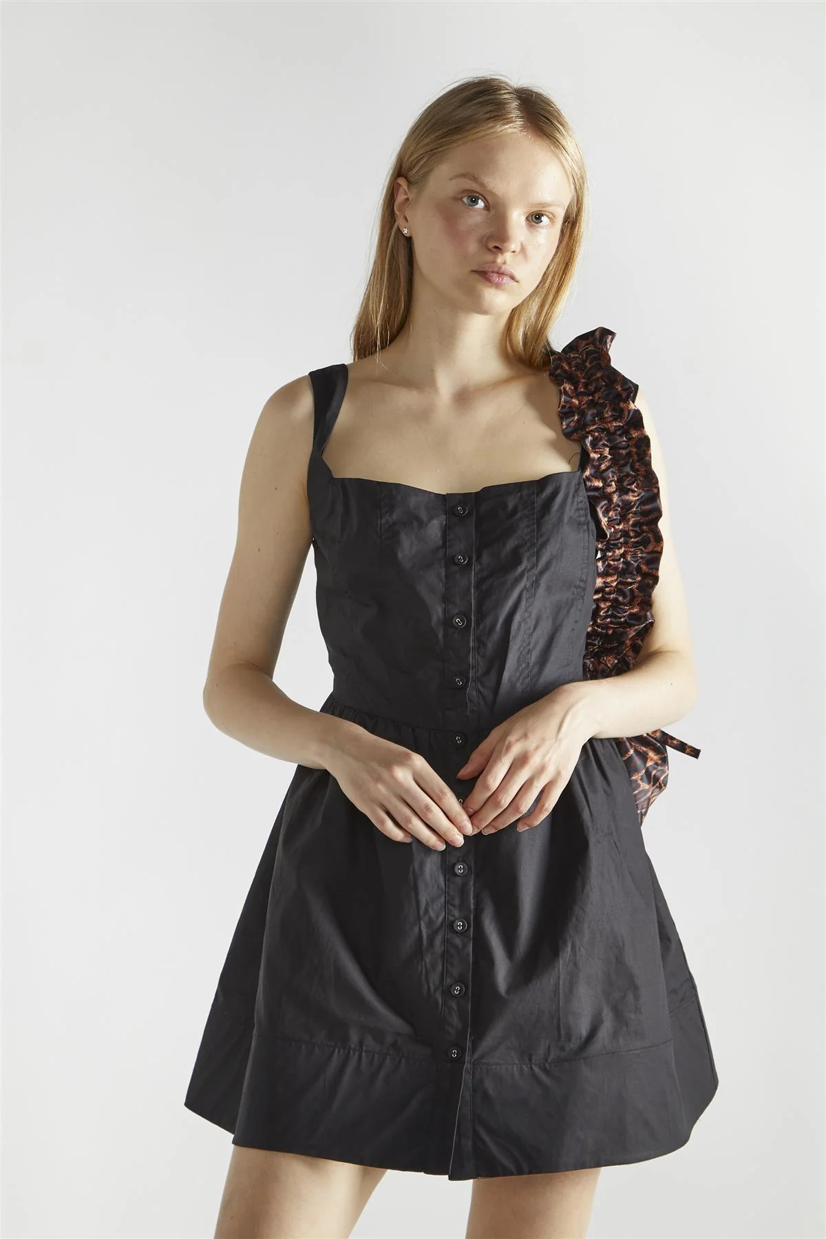 Black Button Front Pleated Mini-Dress - Image 3