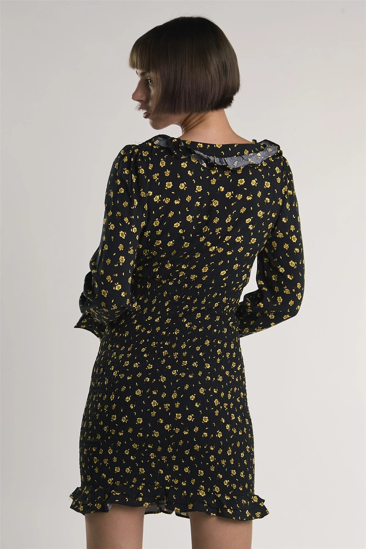 Black-Chartreuse-Ditsy Long-Sleeve-Ruffle-Trim Mini-Dress - Image 2