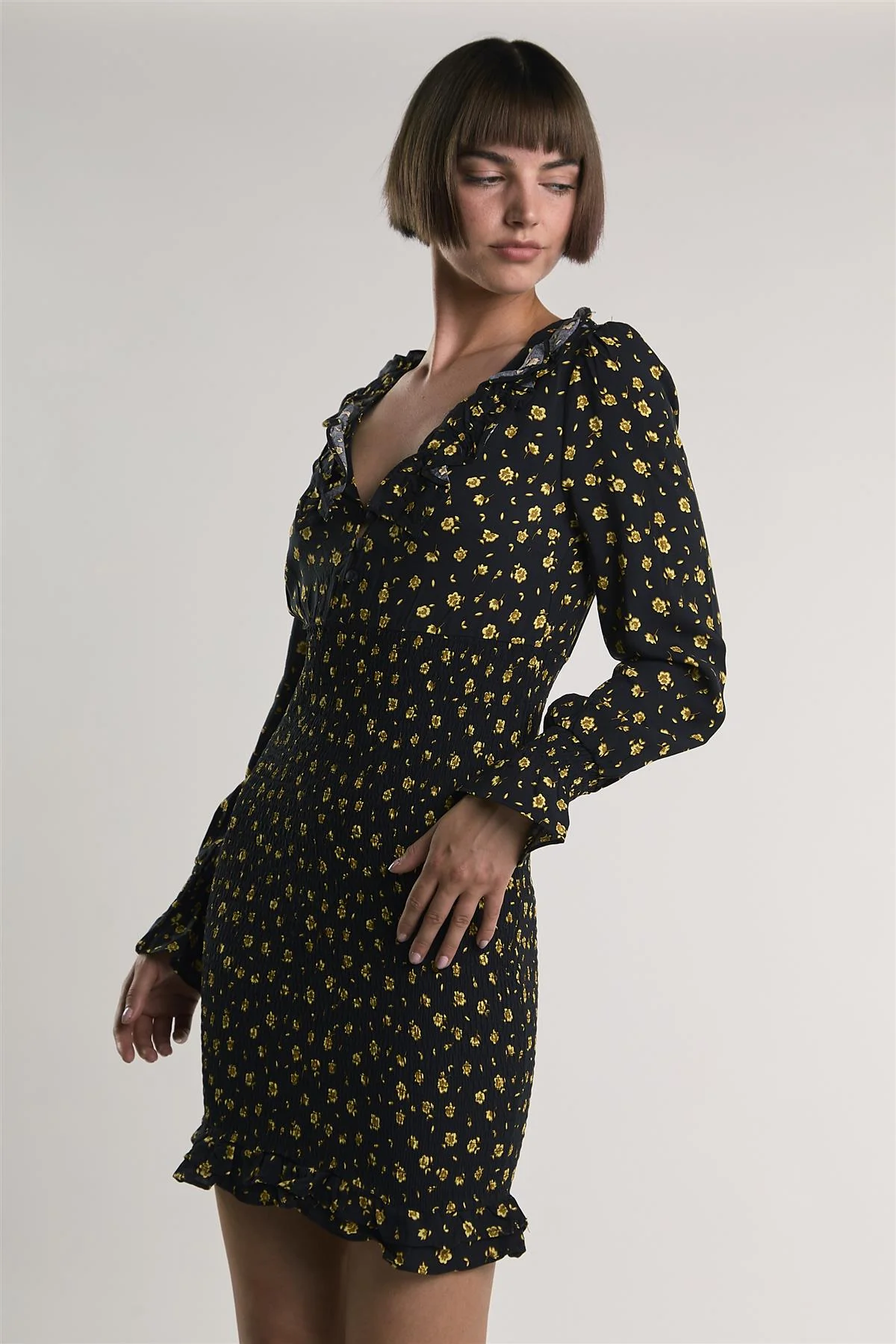 Black-Chartreuse-Ditsy Long-Sleeve-Ruffle-Trim Mini-Dress - Image 3