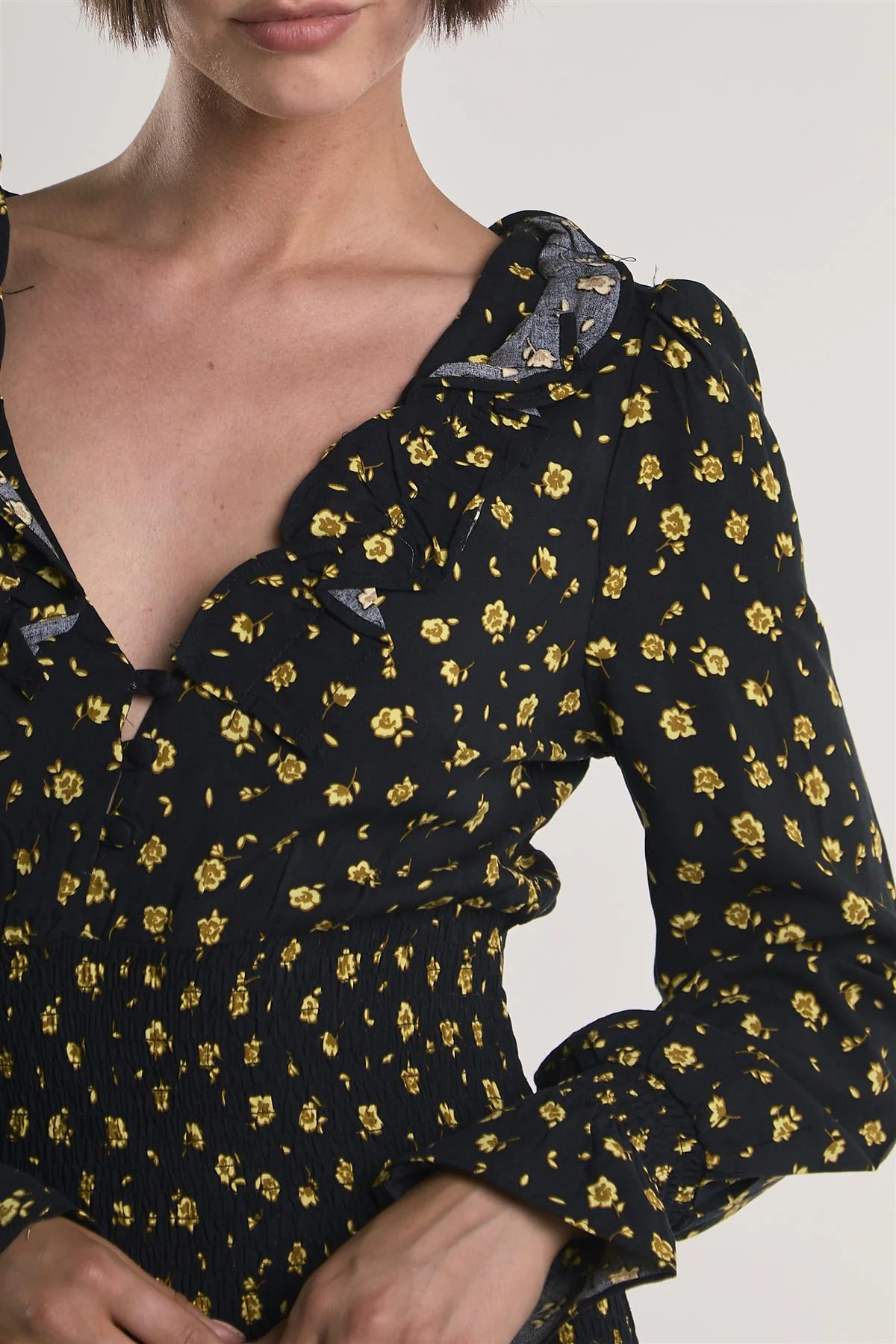 Black-Chartreuse-Ditsy Long-Sleeve-Ruffle-Trim Mini-Dress - Image 4