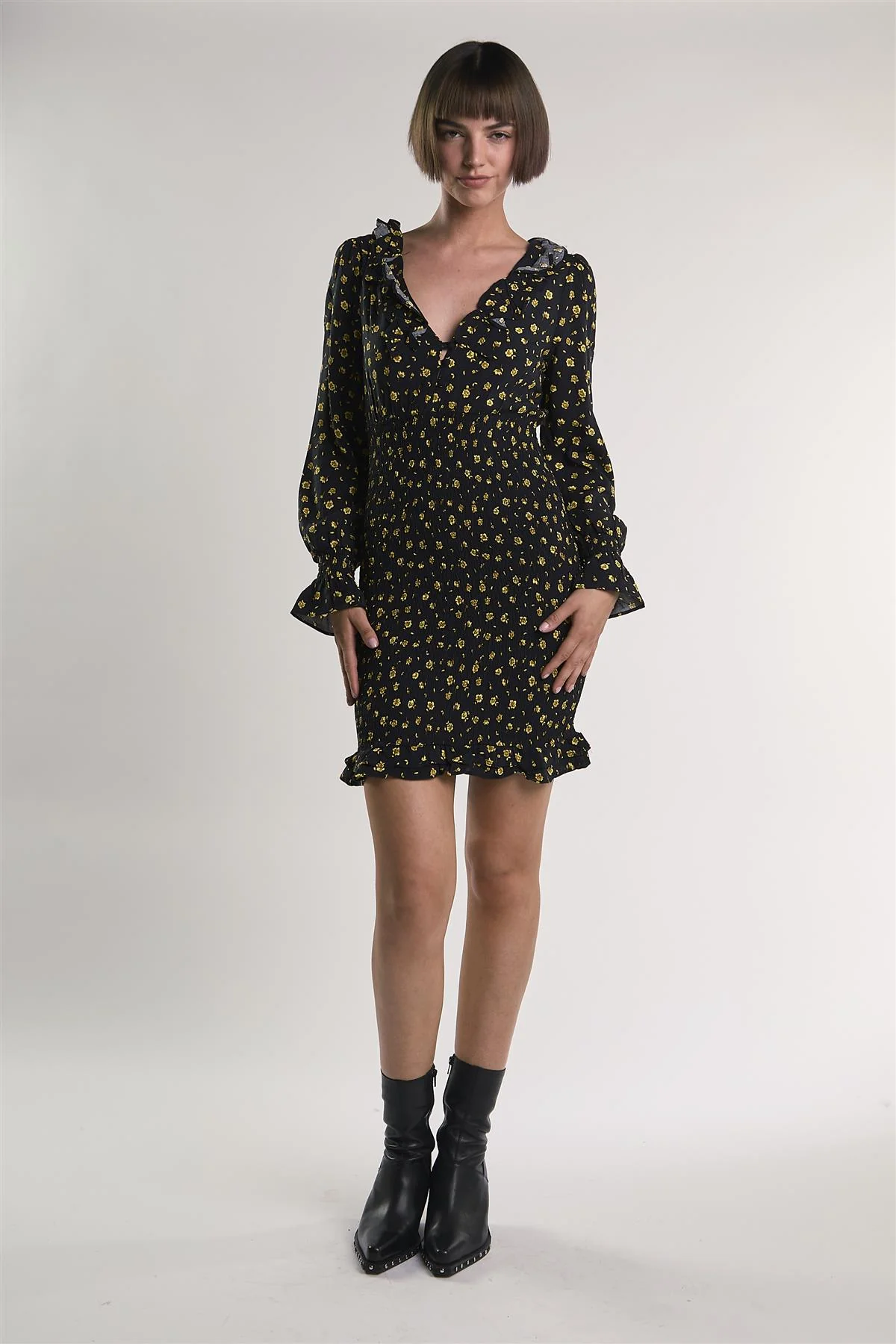 Black-Chartreuse-Ditsy Long-Sleeve-Ruffle-Trim Mini-Dress - Image 5