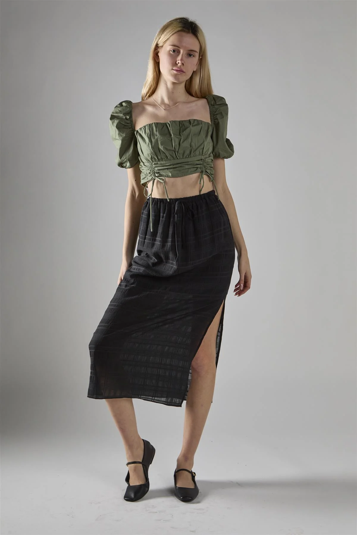 Black Check High-Waist Split Thigh Midaxi-Skirt